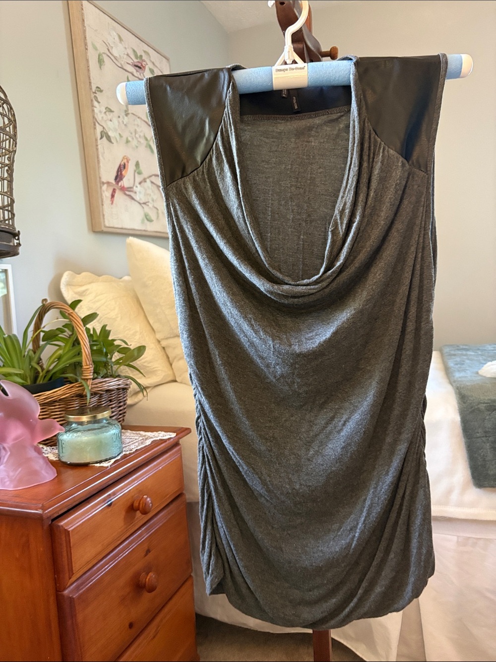 Maurices Charcoal Cowl Neck Short Sleeve Top with Faux-Leather Shoulders